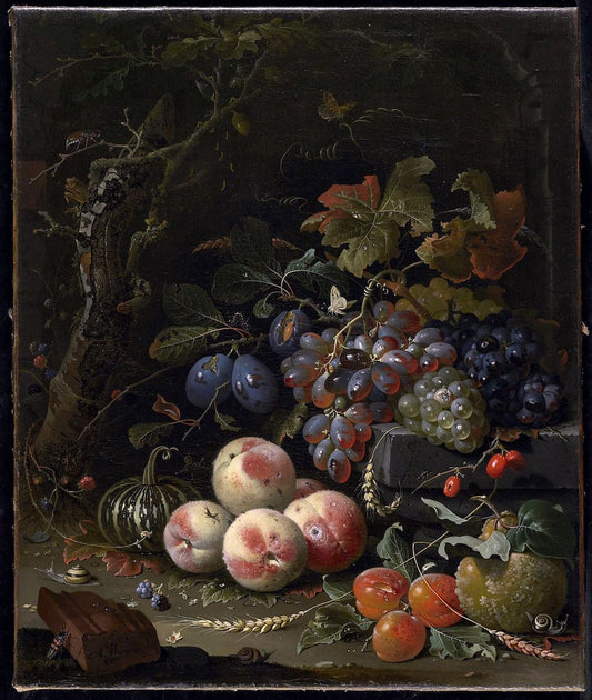 Still Life with Fruits, Foliage and Insects, vintage artwork by Abraham Mignon, 12x8" (A4) Poster