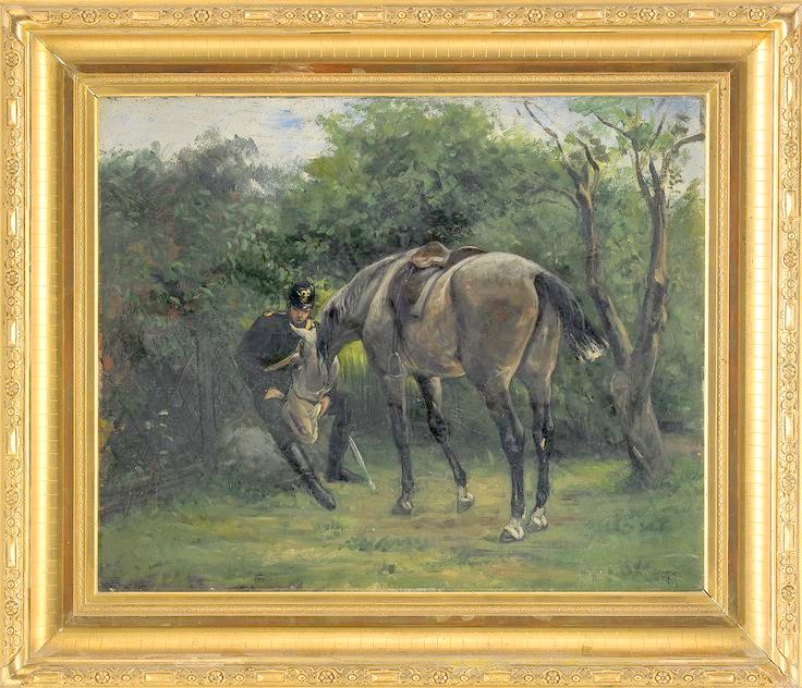 Cavalry Man Feeding His Horse by Karl Georg Arsenius,A3(16x12")Poster
