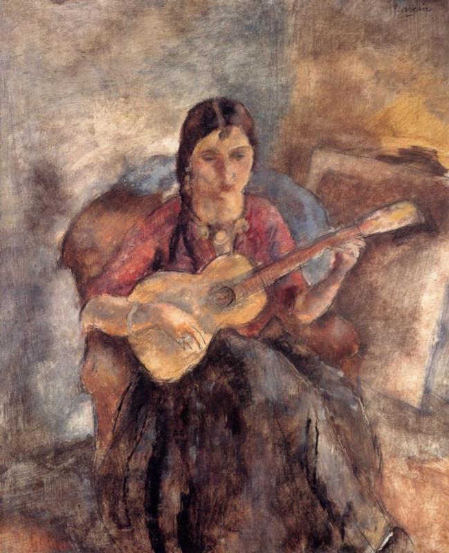 Gypsy with a Guitar, vintage artwork by Jules Pascin, 12x8" (A4) Poster