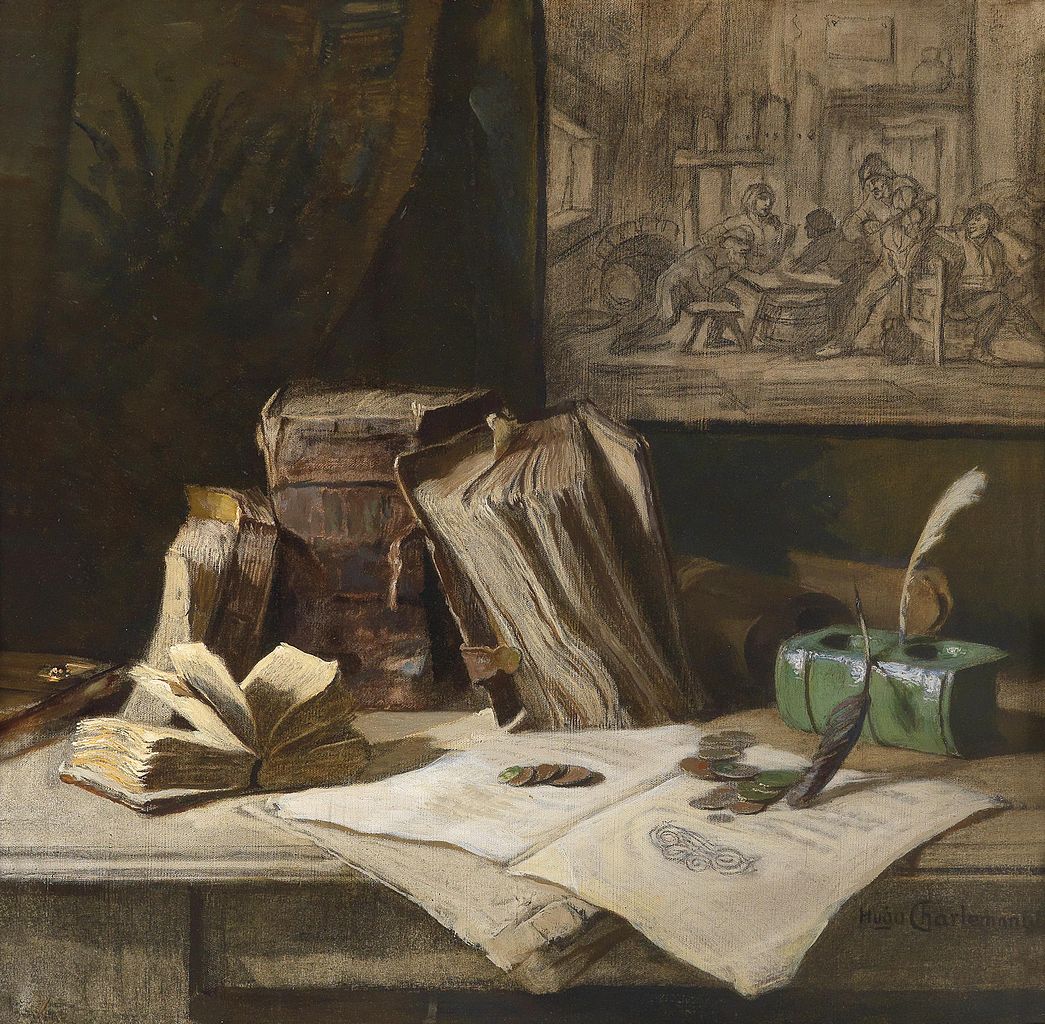 Still Life with Books, vintage artwork by Hugo Charlemont, 12x8" (A4) Poster