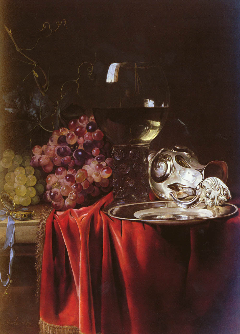 A Still Life of Grapes, a Roemer, a Silver Ewer and a Plate, vintage artwork by Willem van Aelst, 12x8" (A4) Poster