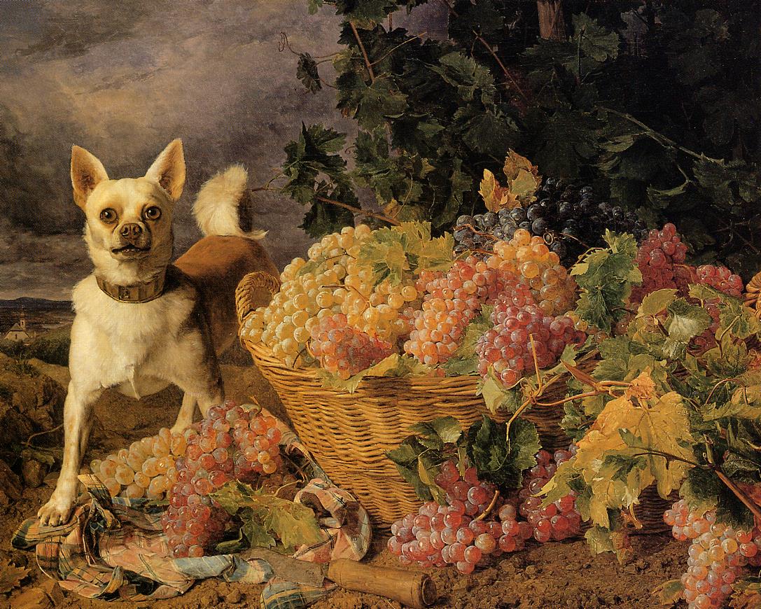 A Dog by  a Basket of Grapes in a Landscape, vintage artwork by Ferdinand Georg Waldmüller, A3 (16x12") Poster Print