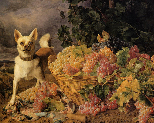 A Dog by  a Basket of Grapes in a Landscape, vintage artwork by Ferdinand Georg Waldmüller, A3 (16x12") Poster Print