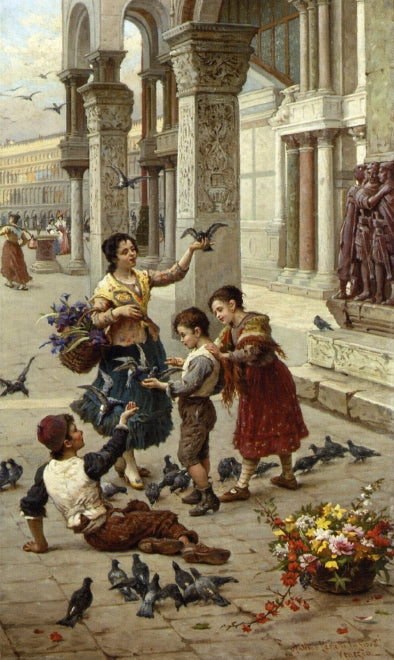 Feeding the Pigeons at Piazza St. Marco, Venice, vintage artwork by Antonio Paoletti, 12x8" (A4) Poster
