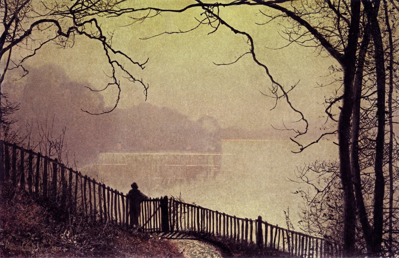 Figure Overlooking Waterloo Lake, Rounday Park, Leeds, vintage artwork by John Atkinson Grimshaw, 12x8" (A4) Poster