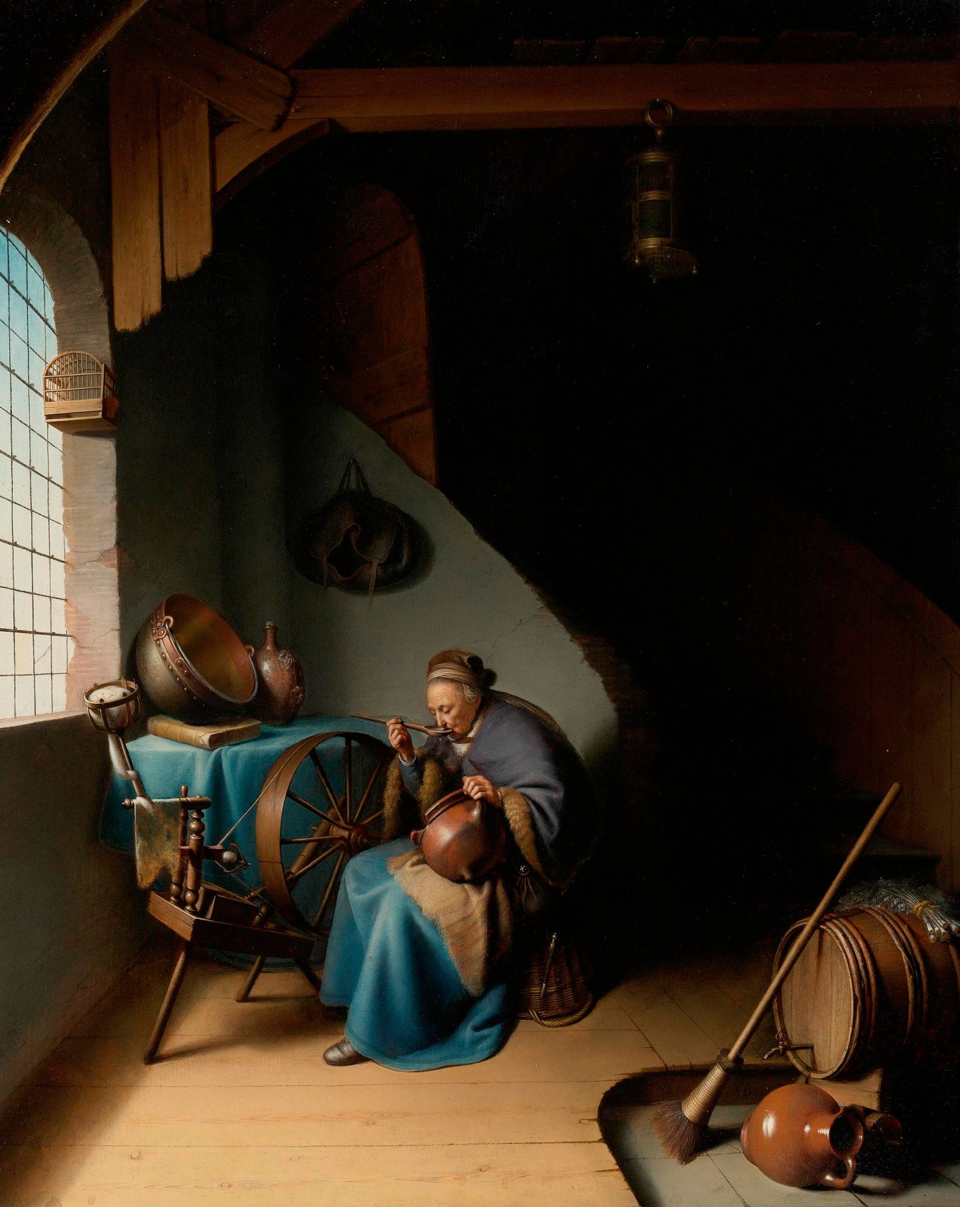 An Elderly Woman, Seated by  a Window at her Spinning Wheel, Eating Porridge, vintage artwork by Gerrit Dou, 12x8" (A4) Poster
