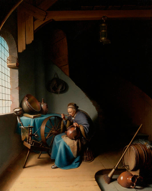 An Elderly Woman, Seated by  a Window at her Spinning Wheel, Eating Porridge, vintage artwork by Gerrit Dou, 12x8" (A4) Poster