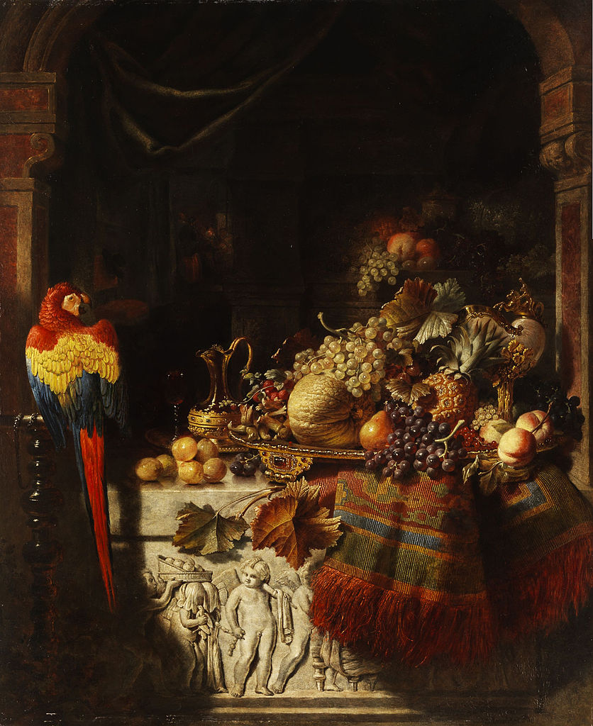 Still life with fruits and parrot, vintage artwork by George Lance, A3 (16x12") Poster Print