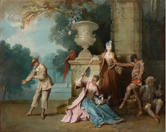 Italian actors in a garden, vintage artwork by Jean-Baptiste Oudry, 12x8" (A4) Poster