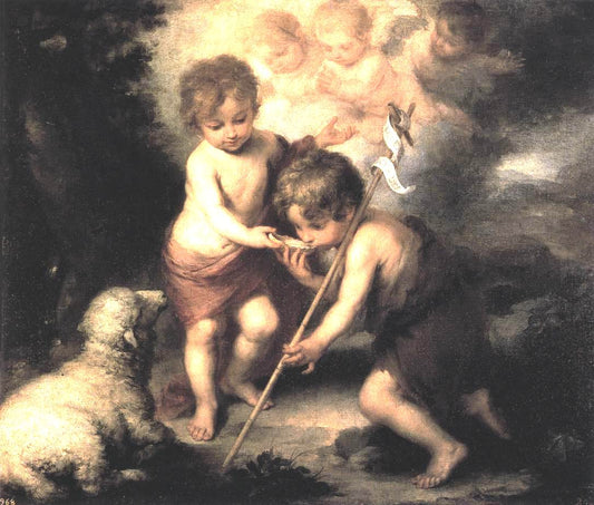 Infant Christ Offering a Drink of Water to St John, vintage artwork by Bartolome Esteban Murillo, 12x8" (A4) Poster