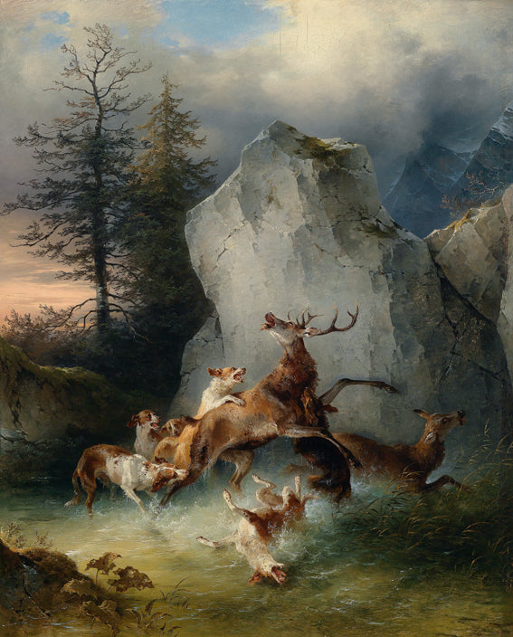 Two Deer Hounded by  Dogs in a Mountain Stream, vintage artwork by Friedrich Gauermann, A3 (16x12") Poster Print