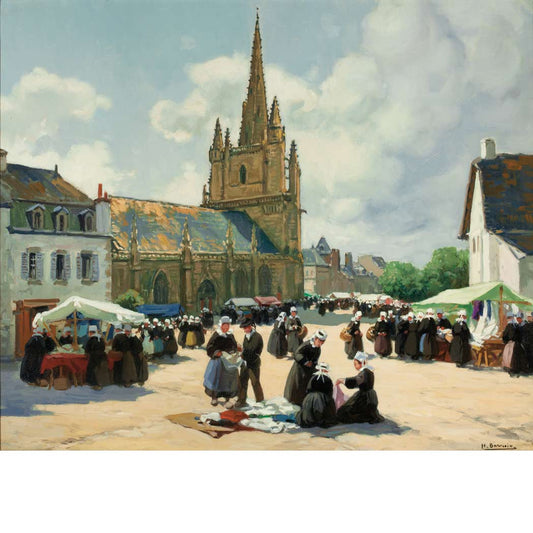 A Brittany Market, vintage artwork by Henri Alphonse Barnoin, 12x8" (A4) Poster