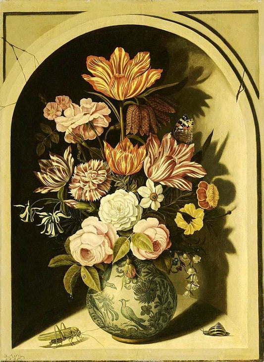 A still life with roses, tulips, carnations, lily-of-the-valley, marigolds, etc., vintage artwork by Bartholomeus Assteyn, 12x8" (A4) Poster