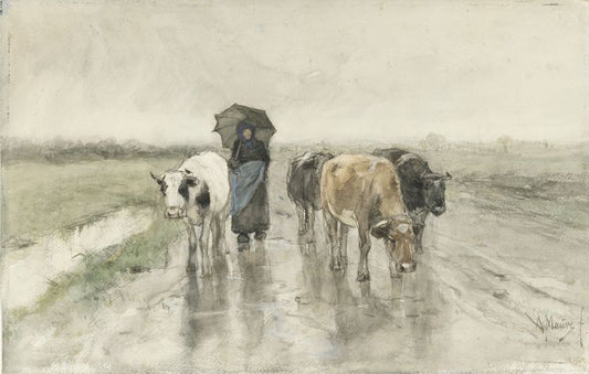 A Herdess with Cows on a Country Road in the Rain, vintage artwork by Anton Mauve, 12x8" (A4) Poster