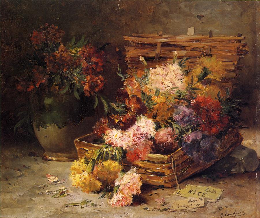 Still Life of Flowes in a Vase and a Basket, vintage artwork by Eugene Henri Cauchois, 12x8" (A4) Poster