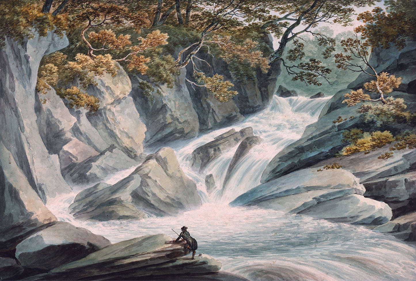 Hafod: Upper Part of Cascade, vintage artwork by John Warwick Smith, 12x8" (A4) Poster