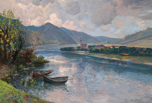 Landscape in the Wachau with View of Mautern, vintage artwork by Karl Vikas, 12x8" (A4) Poster