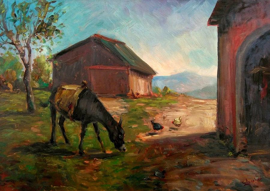 Donkey with Hens, vintage artwork by Giorgio Lucchesi, 12x8" (A4) Poster