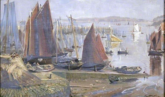Return of the Sardine Boats, Dournenez, Brittany, vintage artwork by Sigismund Christian Hubert Goetze, 12x8" (A4) Poster
