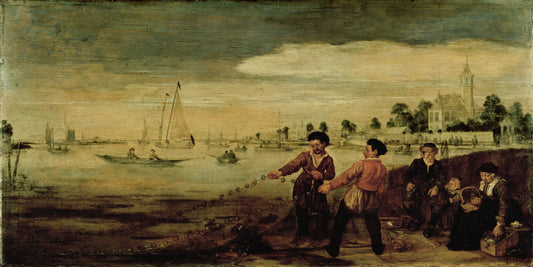 Fisherment along the Amstel River in Amsterdam in the Vicinity of the Pauwertiun, vintage artwork by Arent Arentsz., 12x8" (A4) Poster