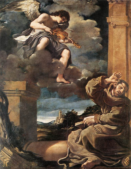 Saint Francis with an Angel Playing a Violin, vintage artwork by Guercino, 12x8" (A4) Poster