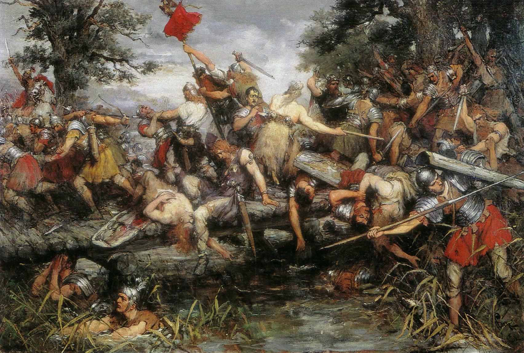 Fight during the retreat of Germanicus - Sketch, vintage artwork by Ferdinand Leeke, 12x8" (A4) Poster