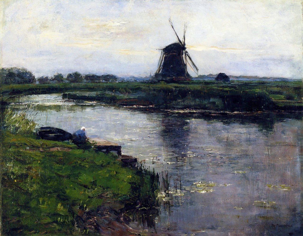 Oostzijdse Mill with Woman at Dock of Landzicht Farm, vintage artwork by Piet Mondriaan, 12x8" (A4) Poster