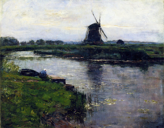Oostzijdse Mill with Woman at Dock of Landzicht Farm, vintage artwork by Piet Mondriaan, 12x8" (A4) Poster