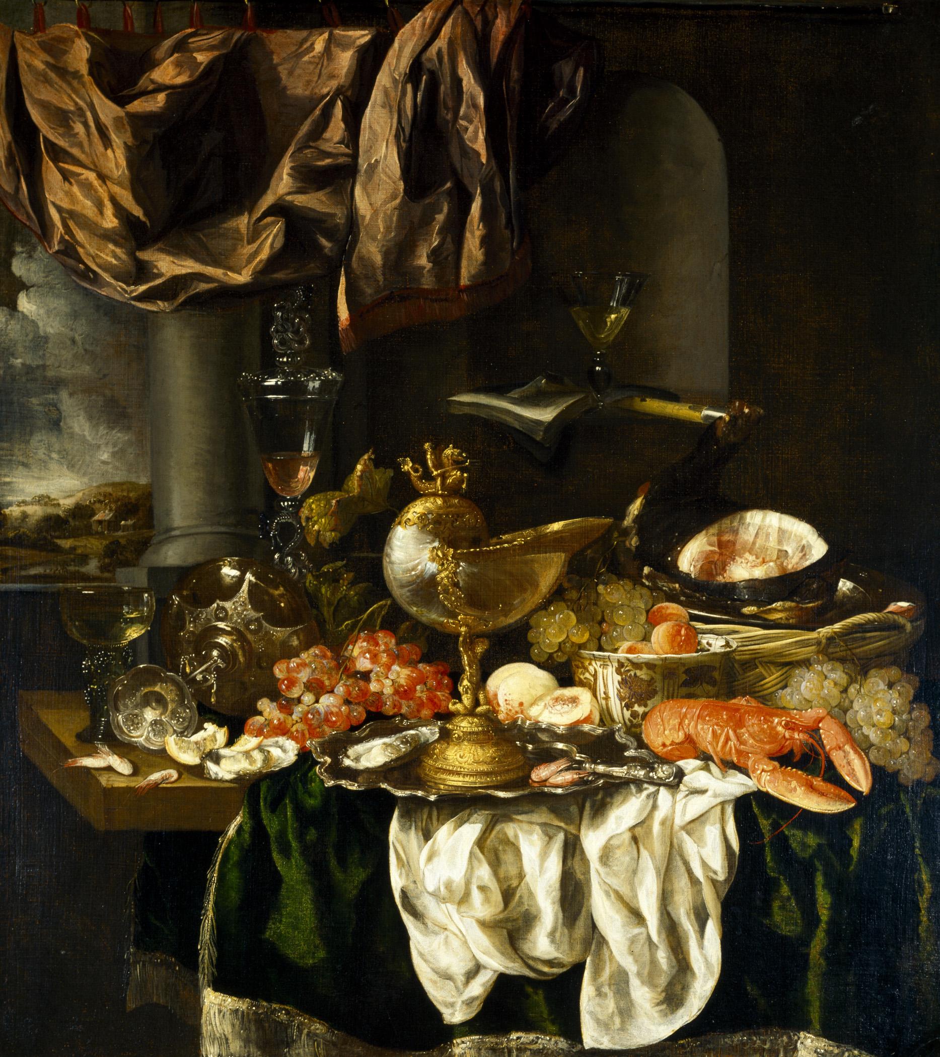 Still Life with Landscape, vintage artwork by Abraham van Beyeren, 12x8" (A4) Poster