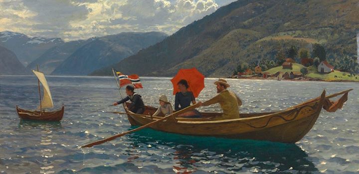 Artist with His Family Boating in Balestrand, vintage artwork by Hans Dahl, 12x8" (A4) Poster