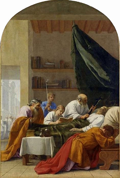 Life of Saint Bruno, Death of Raymond Diocrès, vintage artwork by Eustache Le Sueur, 12x8" (A4) Poster