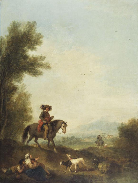 Landscape with Peasant Woman and Two Children Begging from a Cavalier, vintage artwork by Francesco Zuccarelli, 12x8" (A4) Poster