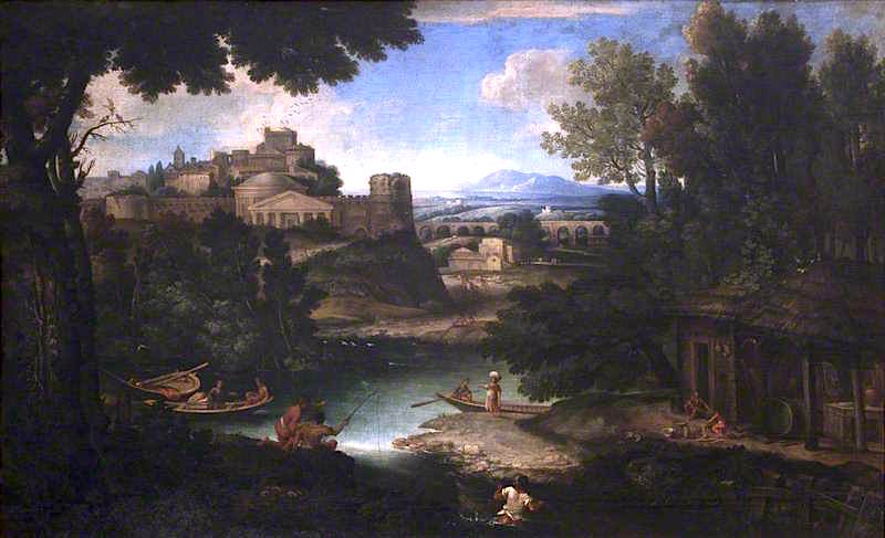 River Scene with Classical Buildings and Figures, vintage artwork by Giovanni Francesco Grimaldi, 12x8" (A4) Poster