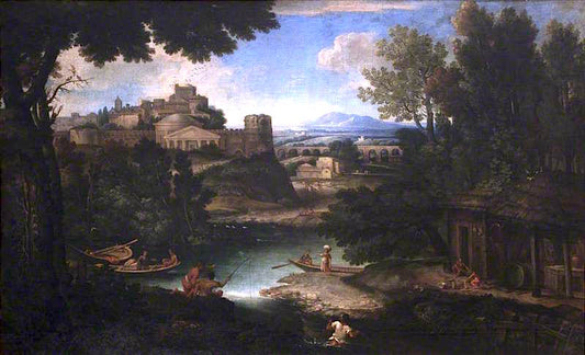 River Scene with Classical Buildings and Figures, vintage artwork by Giovanni Francesco Grimaldi, 12x8" (A4) Poster