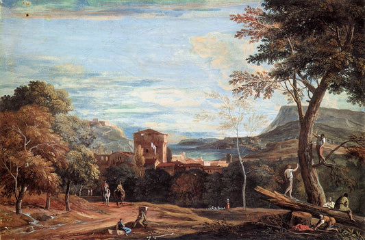 Landscape with Woodcutters and Two Horsemen, vintage artwork by Marco Ricci, 12x8" (A4) Poster