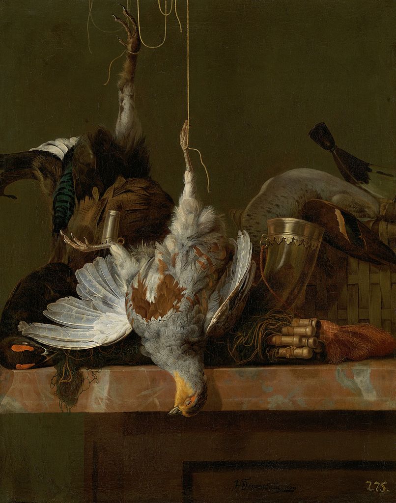 A Still Life with Dead Partridge, Pheasant, and Hunting Gear, vintage artwork by Hendrik de Fromantiou, 12x8" (A4) Poster