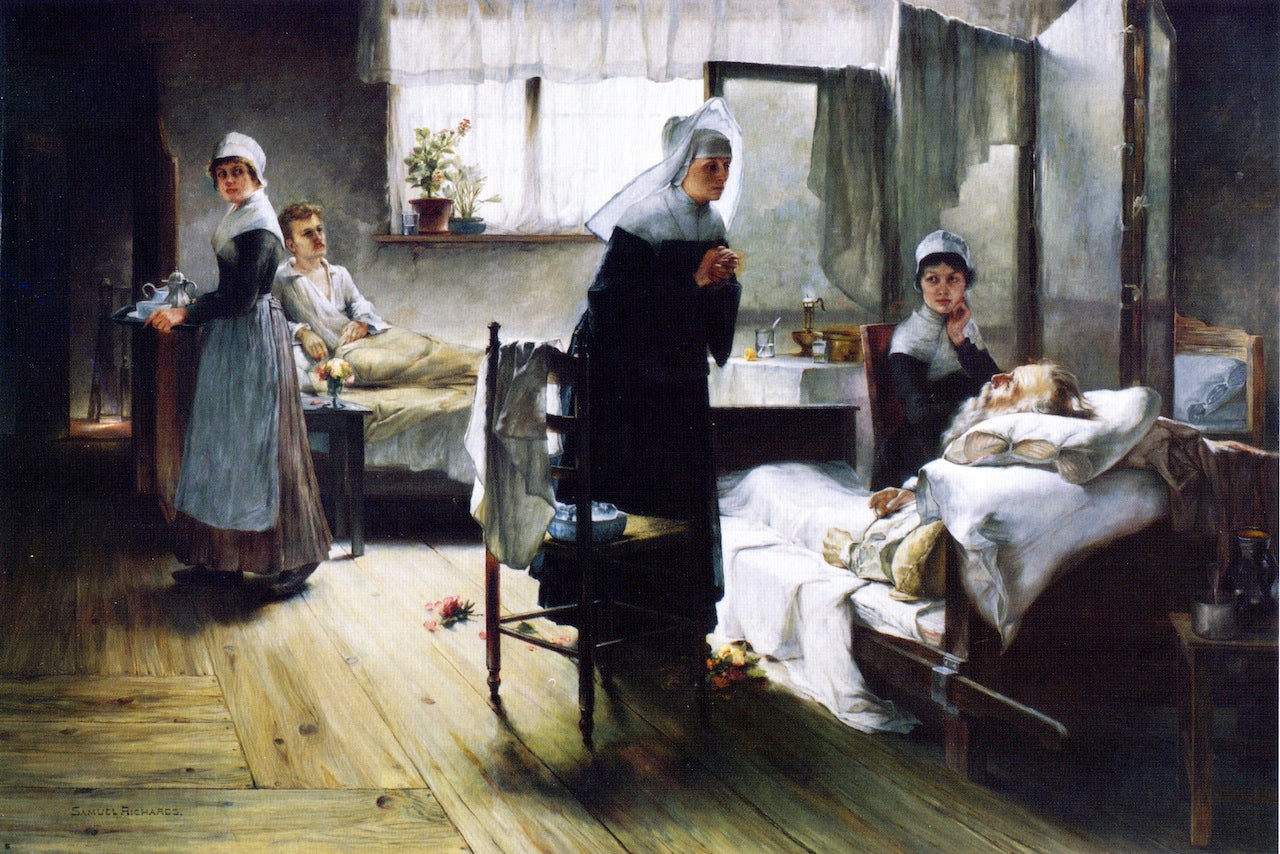 Evangeline Discovering Her Affianced in the Hospital, vintage artwork by Samuel Richards, 12x8" (A4) Poster