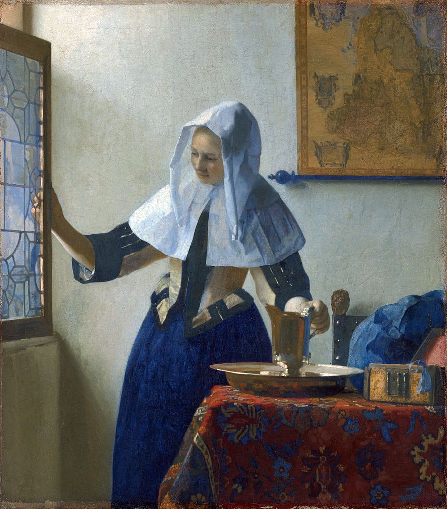 Young Woman with a Water Pitcher, vintage artwork by Johannes Vermeer, 12x8" (A4) Poster