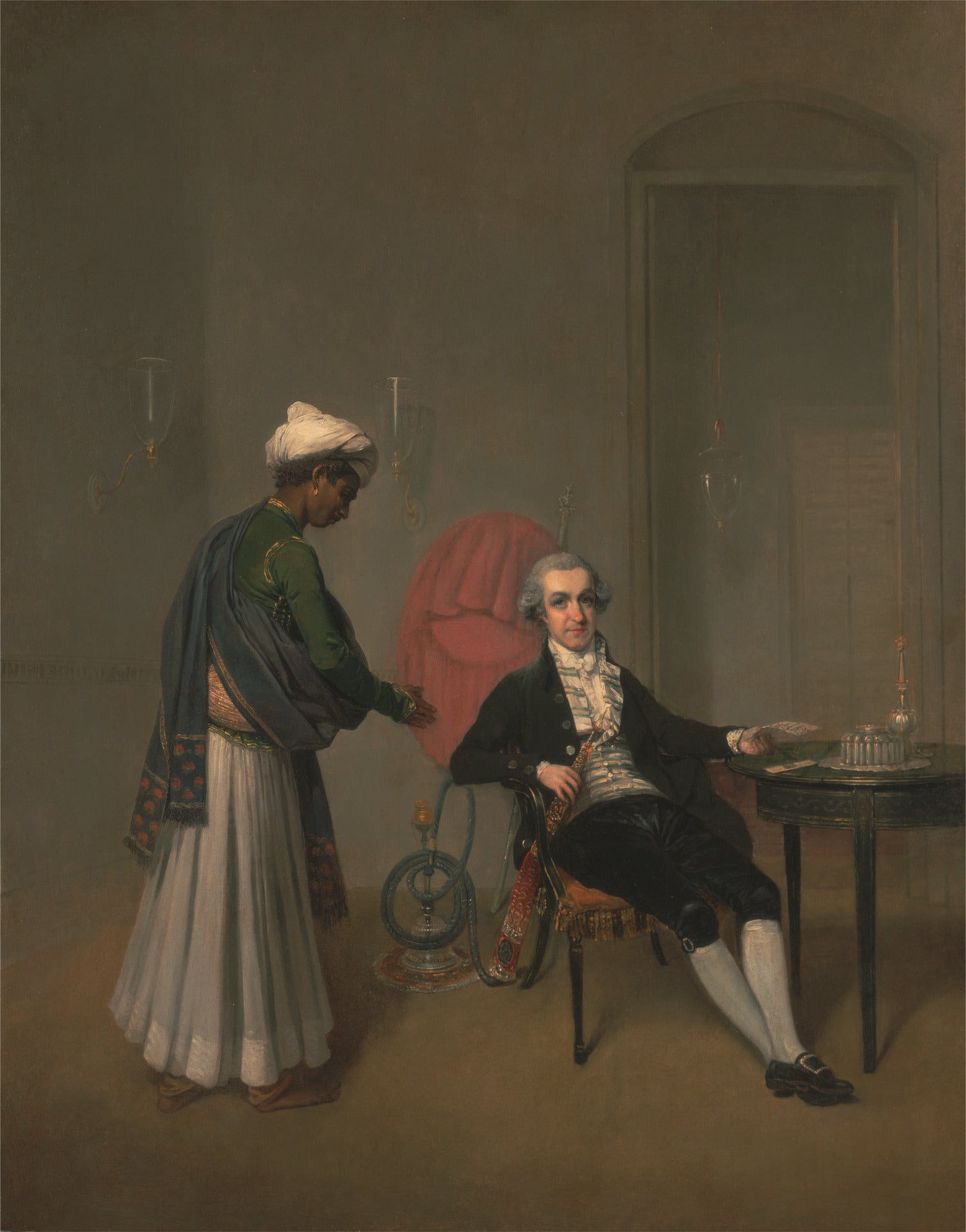Portrait of a Gentleman and an Indian Servant, vintage artwork by Arthur William Devis, 12x8" (A4) Poster