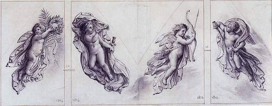 Fame and Victory, Putti Holding a Bow and a Sword, vintage artwork by Anne-Louis Girodet de Roussy-Trioson, 12x8" (A4) Poster
