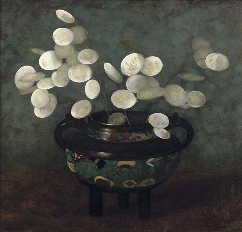 Silver Dollar Plant in a Japanese Jug, vintage artwork by Jan Mankes, 12x8" (A4) Poster