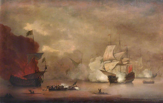 Action between HMS 'Mary Rose' and Seven Algerines, 8 December 1669, vintage artwork by Peter Monamy, 12x8" (A4) Poster