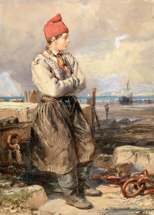 French Coast Scene with Fisherboy, vintage artwork by James Duffield Harding, A3 (16x12") Poster Print