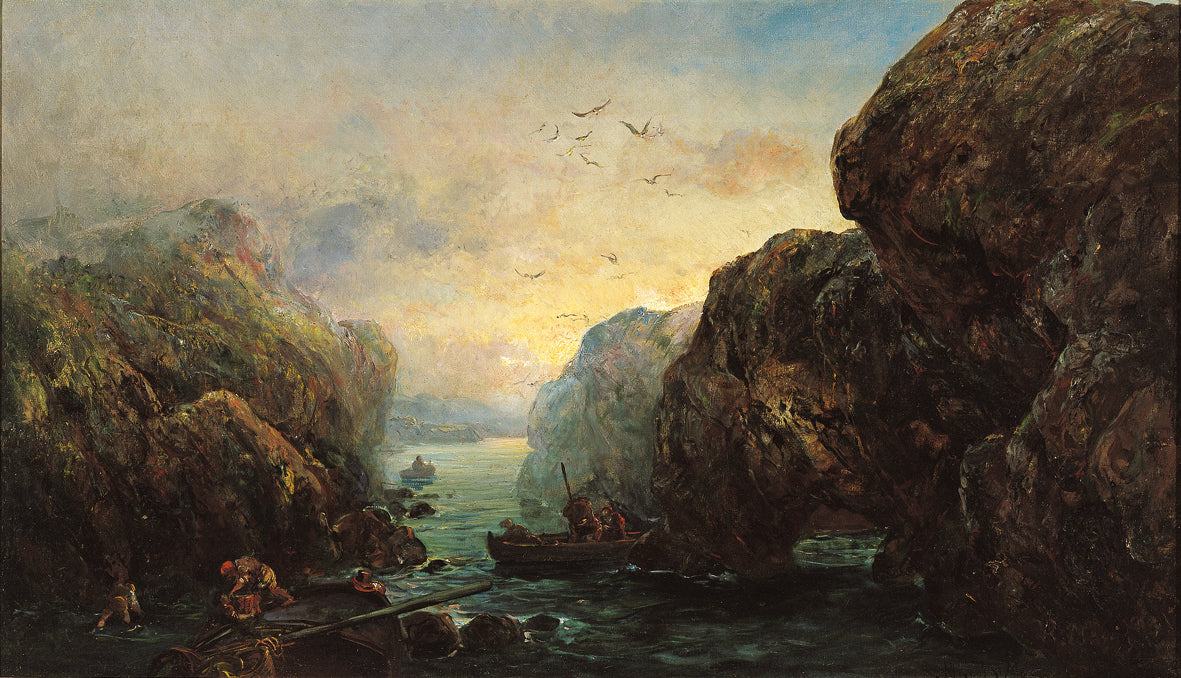 Cliff-lined Coast with Shellfish Gatherers, vintage artwork by Ramon Marti Alsina, 12x8" (A4) Poster