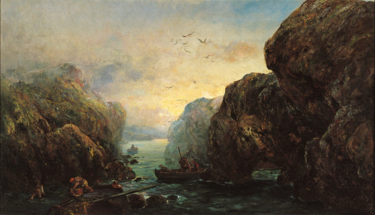 Cliff-lined Coast with Shellfish Gatherers, vintage artwork by Ramon Marti Alsina, 12x8" (A4) Poster