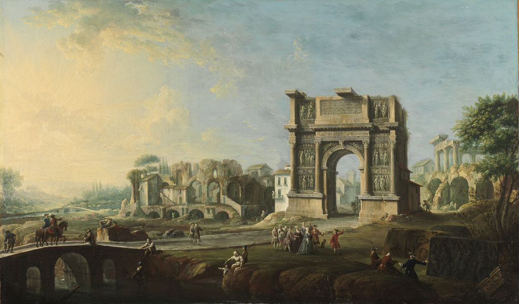 Visit of Queen Maria Amalia of Saxony at the Arch of Trajan in Benevento, vintage artwork by Antonio Joli, 12x8" (A4) Poster