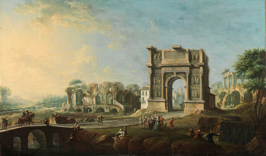 Visit of Queen Maria Amalia of Saxony at the Arch of Trajan in Benevento, vintage artwork by Antonio Joli, 12x8" (A4) Poster