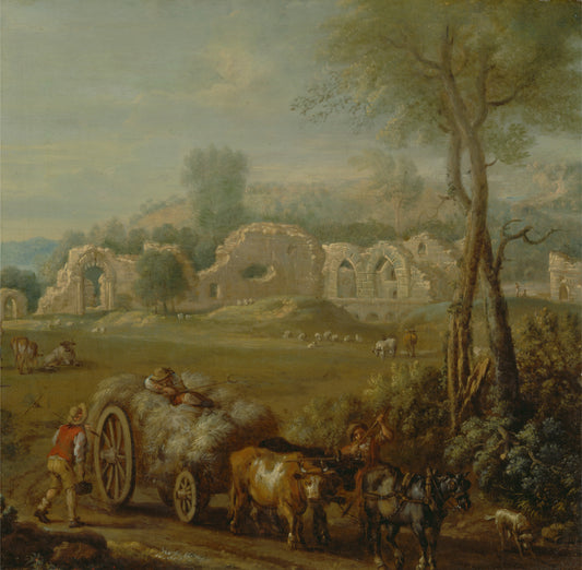 Haycart Passing a Ruined Abbey, vintage artwork by John Wootton, 12x8" (A4) Poster