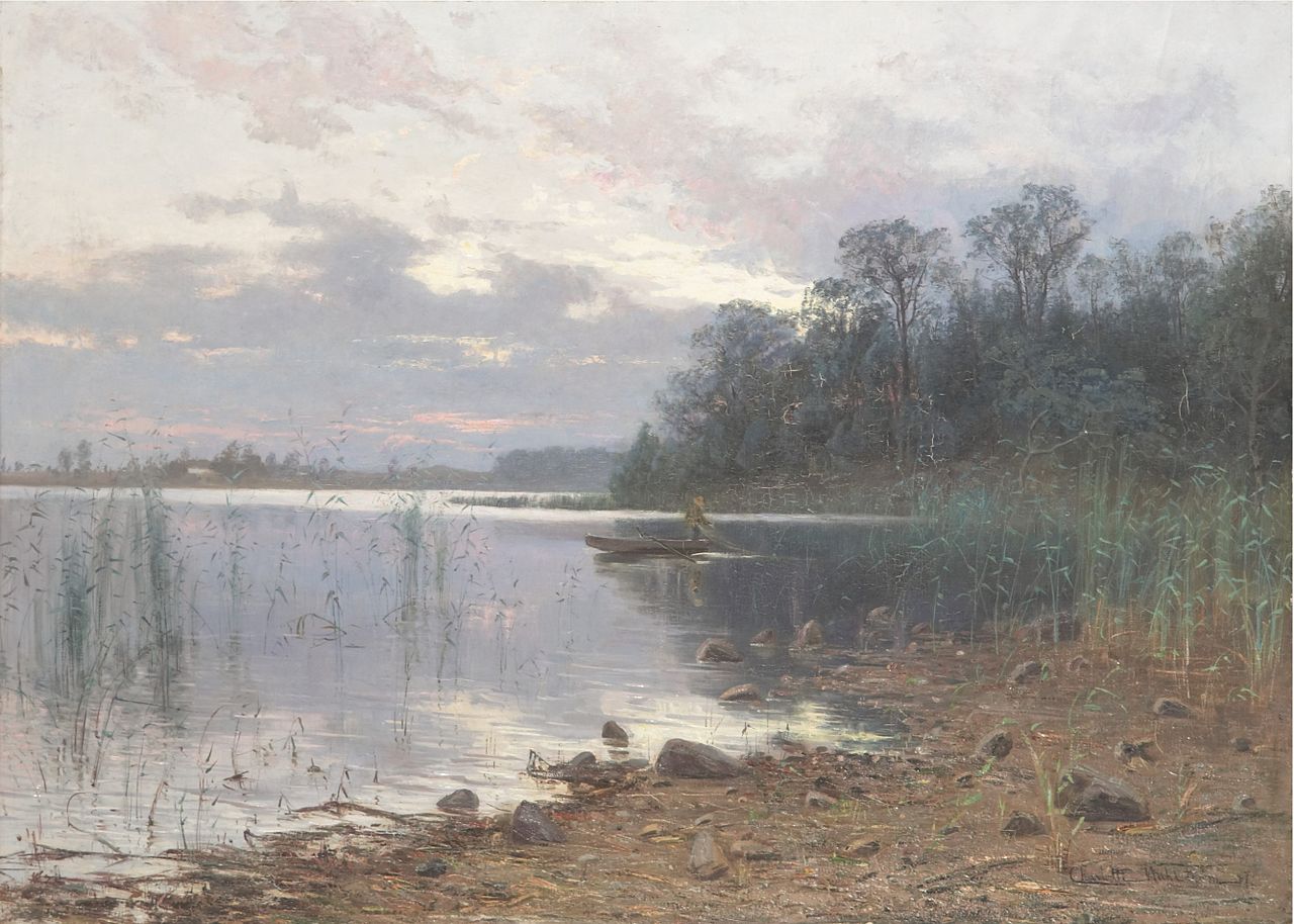 Lake landscape at dusk, vintage artwork by Charlotte Wahlstrom, 12x8" (A4) Poster