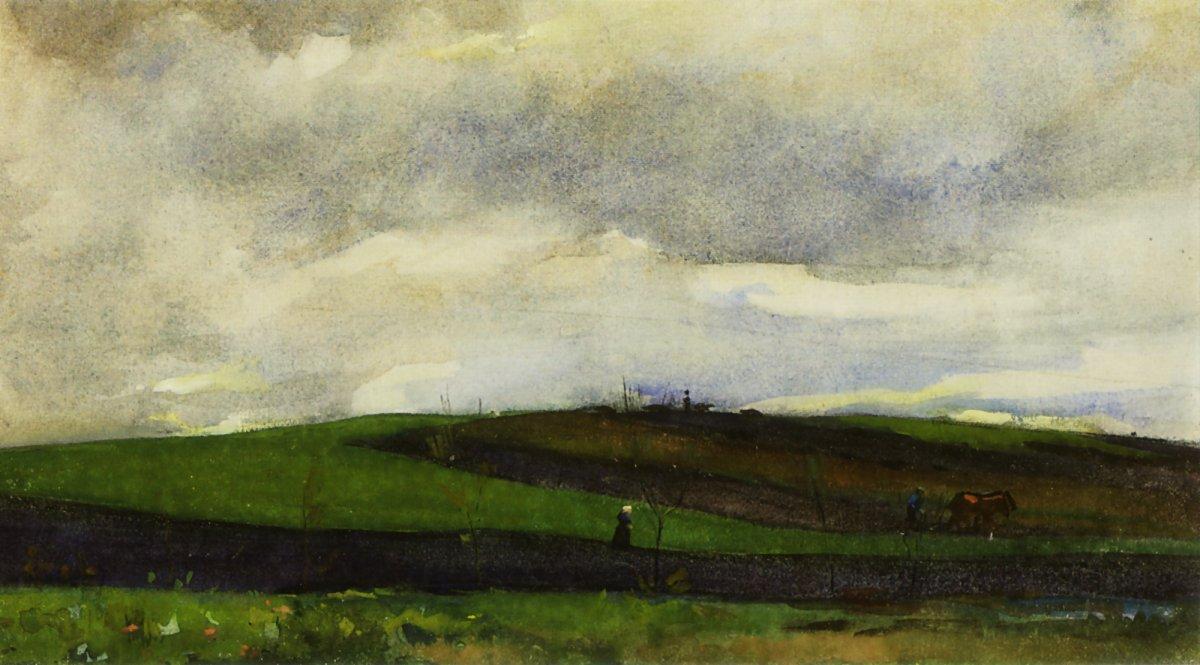 Plowing farmer in undulating landscape, vintage artwork by Floris Arntzenius, 12x8" (A4) Poster